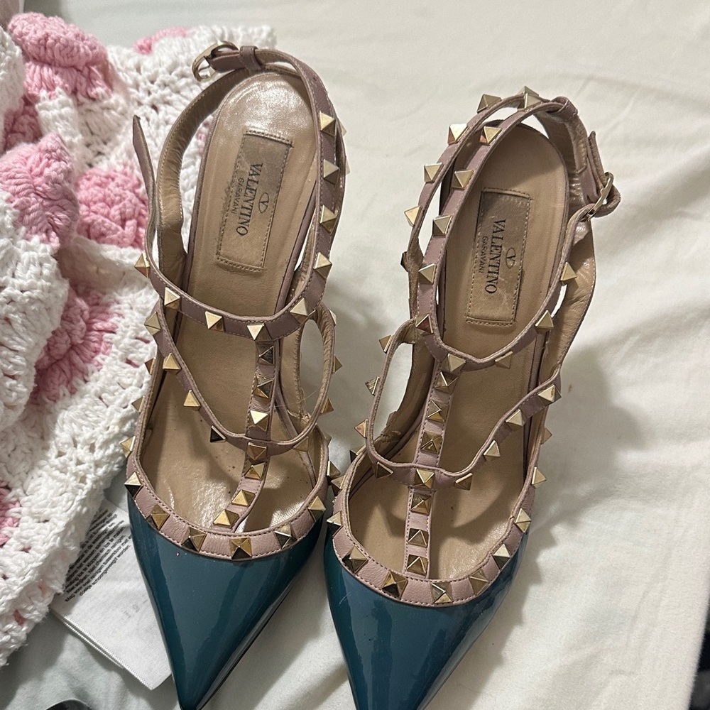 Valentino Teal Patent Pointed-Toe Rockstud T-Strap Pumps with Nude Straps